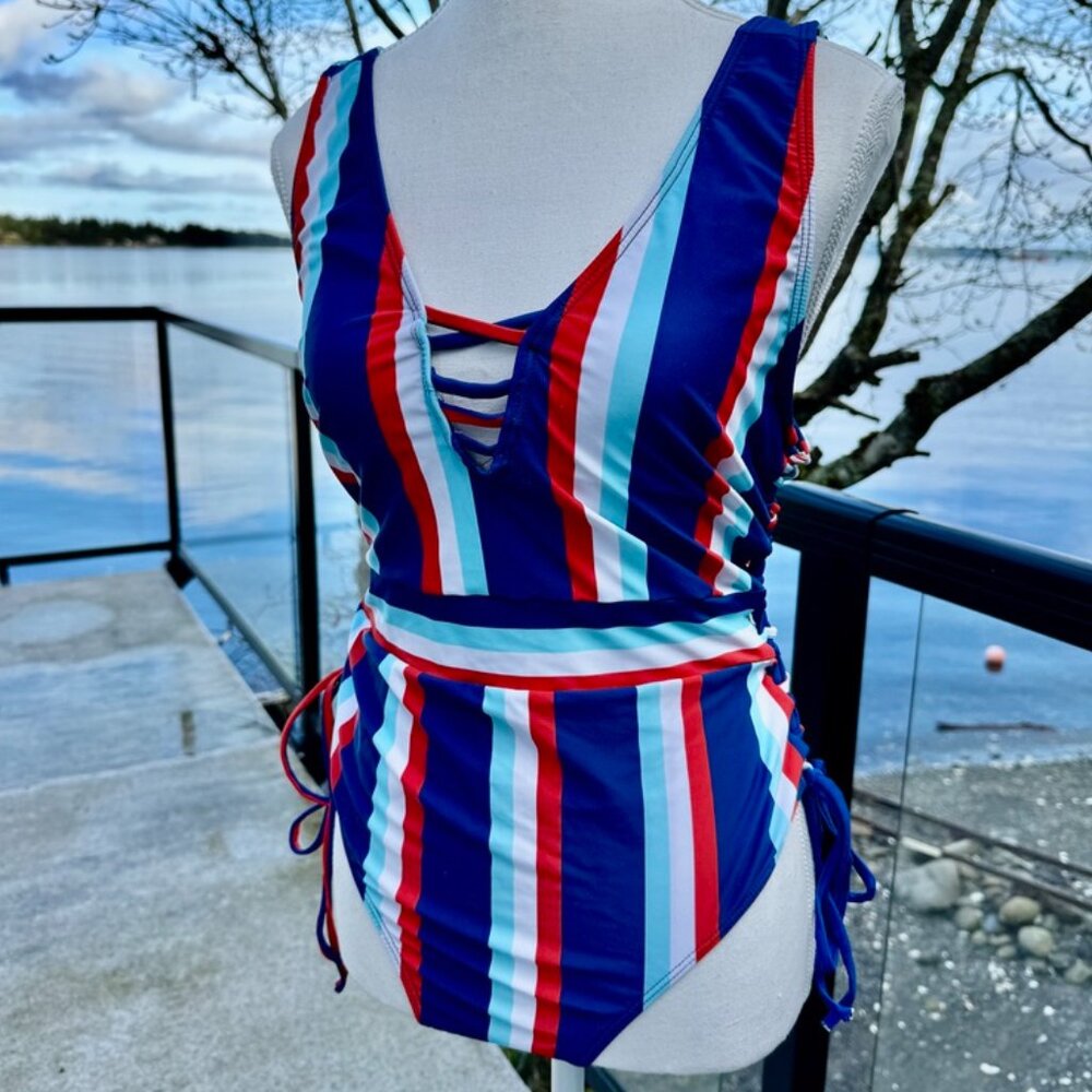 Striped Blue Red and White V Neck One Piece Bathing Suit